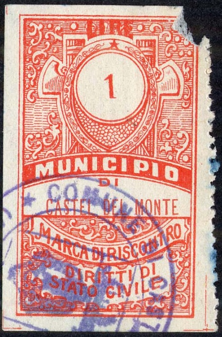 Marca da Bollo del Comune di CASTEL DEL MONTE su Carta Bianca Sottile di dimensioni 26 x 43,5 mm