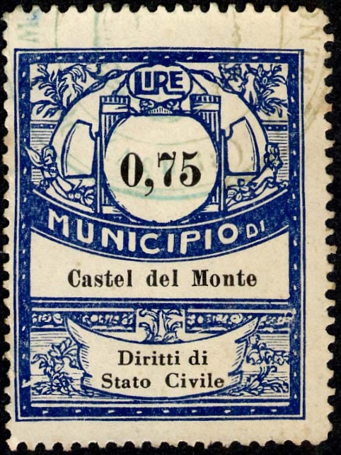 Marca da Bollo del Comune di CASTEL DEL MONTE su Carta Bianca di dimensioni 29,5 x 36,5 mm
