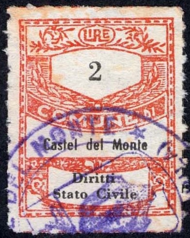 Marca da Bollo del Comune di CASTEL DEL MONTE su Carta Bianca di dimensioni 22,5 x 29 mm