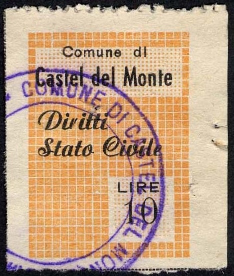 Marca da Bollo del Comune di CASTEL DEL MONTE su Carta Bianca di dimensioni 19 x 25,5 mm
