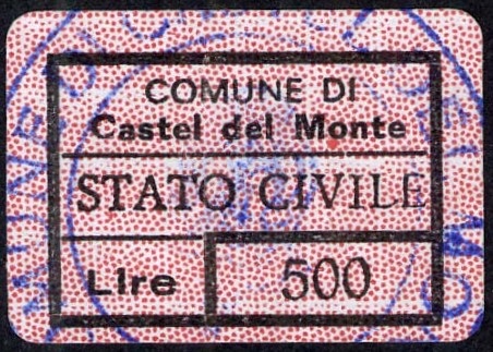 Marca da Bollo del Comune di CASTEL DEL MONTE su Carta Bianca di dimensioni 24,5 X 17 mm