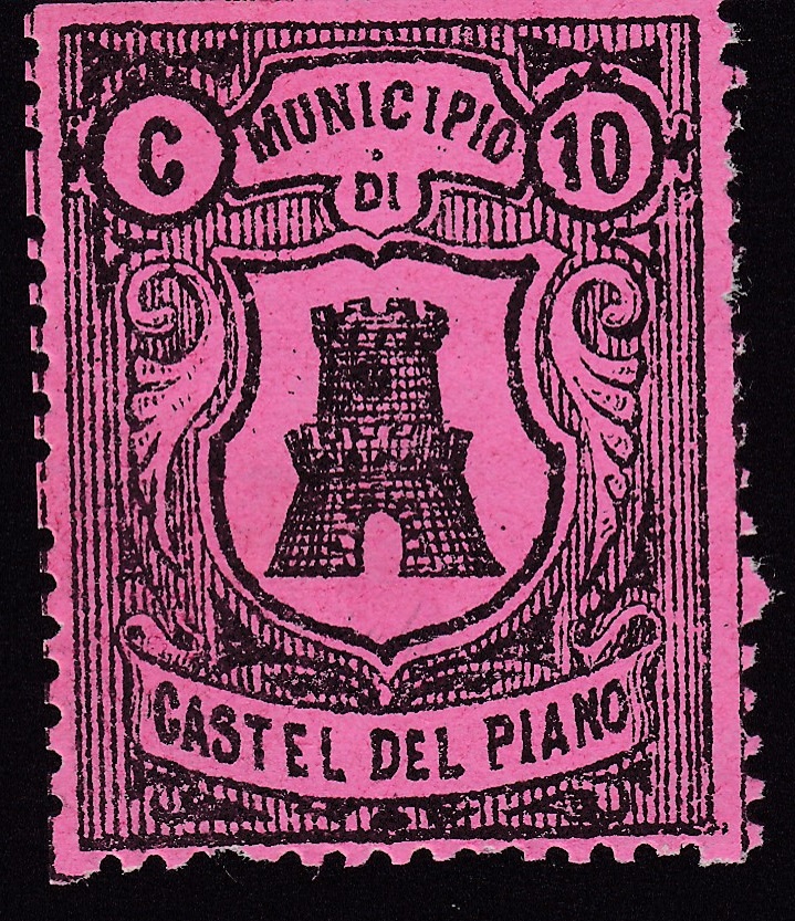 Marca da Bollo del Comune di CASTEL DEL PIANO su Carta Colorata di dimensioni 24 x 31 mm