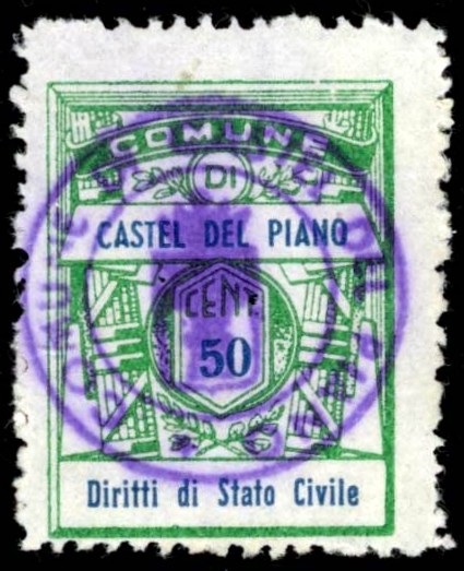 Marca da Bollo del Comune di CASTEL DEL PIANO su Carta Bianca Sottile di dimensioni 22 x 29 mm