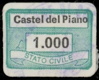 Marca da Bollo del Comune di CASTEL DEL PIANO su Carta Bianca di dimensioni 19 X 14,5 mm