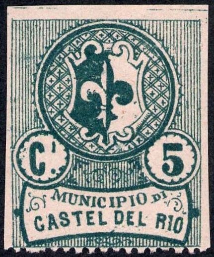 Marca da Bollo del Comune di CASTEL DEL RIO su Carta Bianca di dimensioni 26 x 31 mm