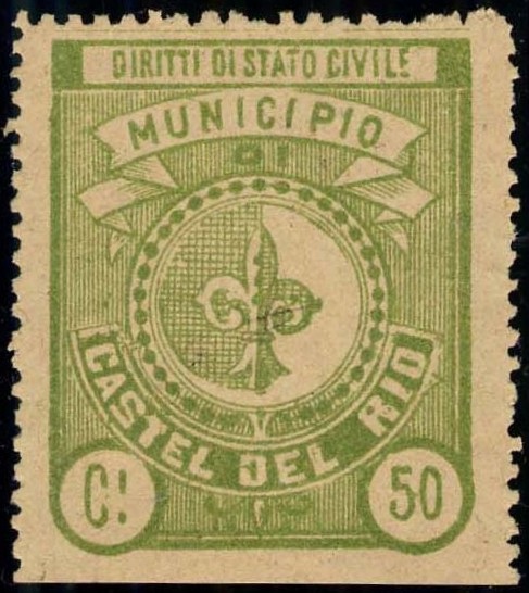 Marca da Bollo del Comune di CASTEL DEL RIO su Carta Bianca di dimensioni 27 x 33 mm
