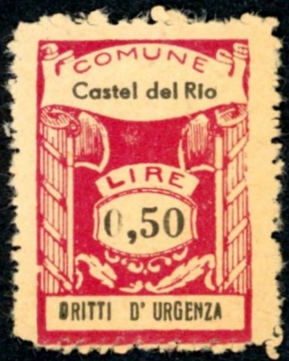 Marca da Bollo del Comune di CASTEL DEL RIO su Carta Bianca di dimensioni 20 x 28 mm