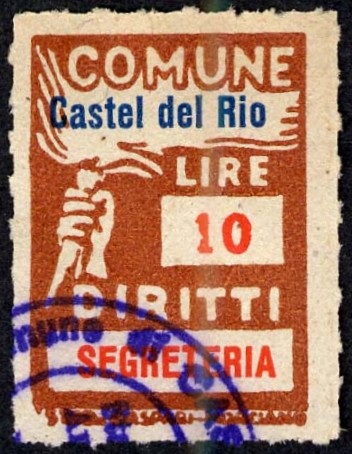 Marca da Bollo del Comune di CASTEL DEL RIO su Carta Bianca Sottile di dimensioni 18 x 26,5 mm