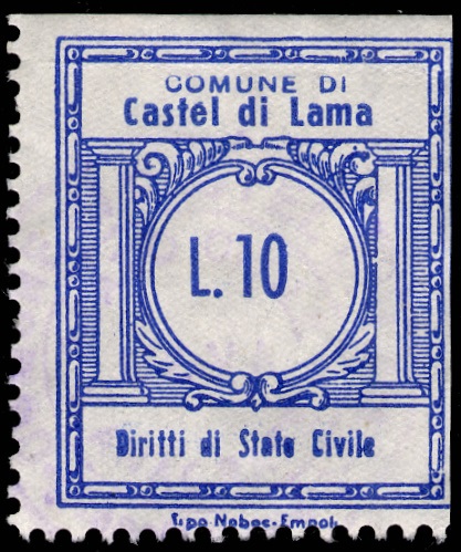 Marca da Bollo del Comune di CASTEL DI LAMA su Carta Bianca di dimensioni 21 x 24 mm