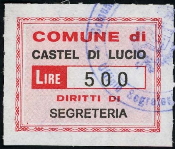 Marca da Bollo del Comune di CASTEL DI LUCIO su Carta Bianca di dimensioni 34 x 26,5 mm