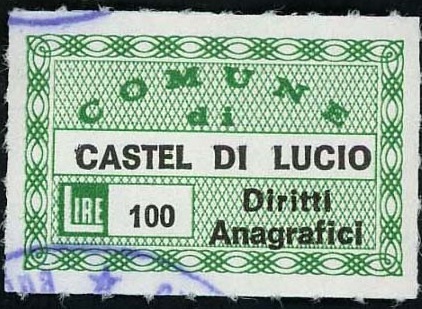 Marca da Bollo del Comune di CASTEL DI LUCIO su Carta Bianca di dimensioni 27 x 16,5 mm