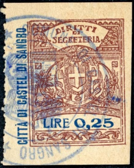 Marca da Bollo del Comune di CASTEL DI SANGRO su Carta Bianca Sottile di dimensioni 26 x 29,5 mm