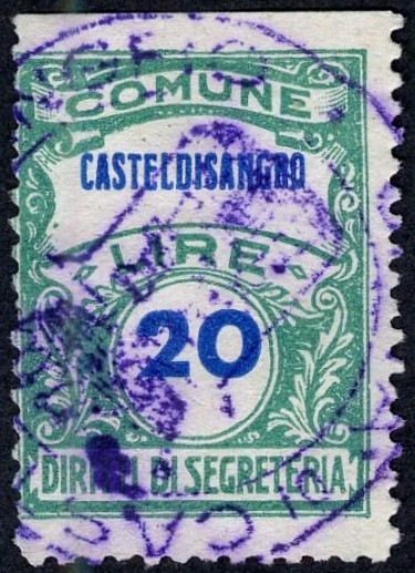 Marca da Bollo del Comune di CASTEL DI SANGRO su Carta Bianca Sottile di dimensioni 22,5 x 29 mm