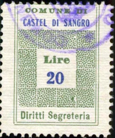 Marca da Bollo del Comune di CASTEL DI SANGRO su Carta Bianca di dimensioni 22,5 x 29 mm