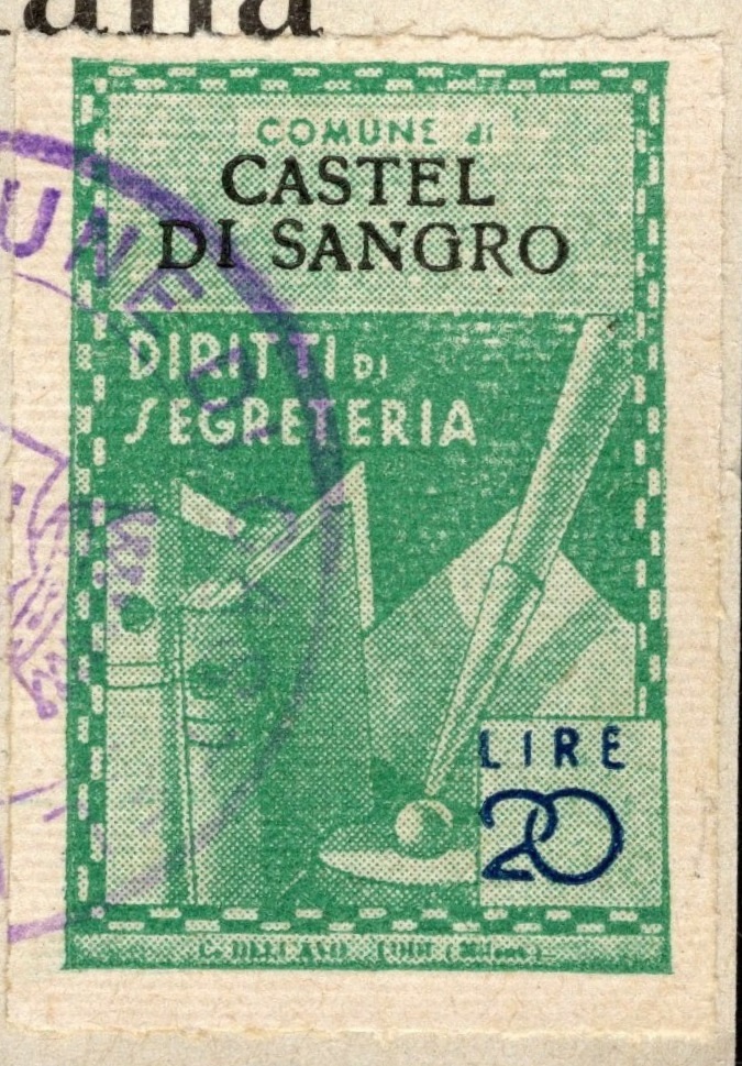 Marca da Bollo del Comune di CASTEL DI SANGRO su Carta Bianca di dimensioni 21 X 32 mm