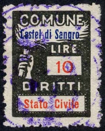 Marca da Bollo del Comune di CASTEL DI SANGRO su Carta Bianca di dimensioni 18,5 x 25 mm