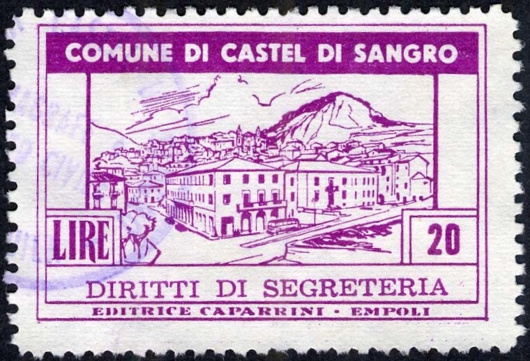 Marca da Bollo del Comune di CASTEL DI SANGRO su Carta Bianca di dimensioni 44 x 29 mm