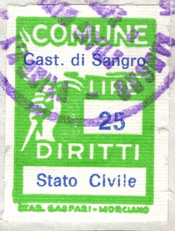 Marca da Bollo del Comune di CASTEL DI SANGRO su Carta Bianca di dimensioni 18,5 x 25 mm