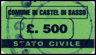 Marca da Bollo del Comune di CASTEL DI SASSO su Carta Colorata di dimensioni 21 x 14 mm