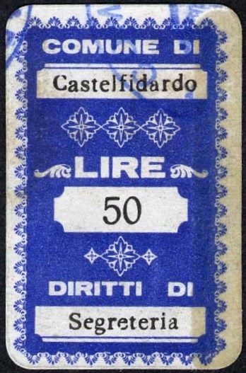 Marca da Bollo del Comune di CASTELFIDARDO su Carta Bianca di dimensioni 19,5 x 32 mm