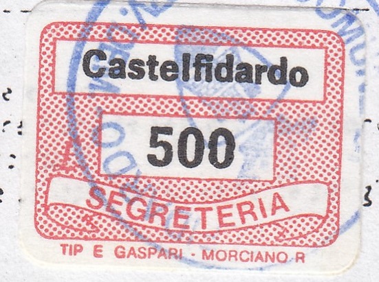 Marca da Bollo del Comune di CASTELFIDARDO su Carta Bianca di dimensioni 18,5 x 14,5 mm