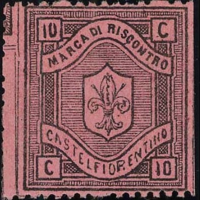 Marca da Bollo del Comune di CASTELFIORENTINO su Carta Colorata di dimensioni 22 x 25 mm