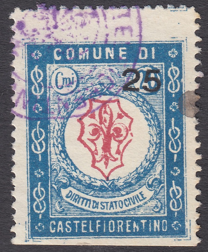 Marca da Bollo del Comune di CASTELFIORENTINO su Carta Bianca Sottile di dimensioni 23 x 28,5 mm
