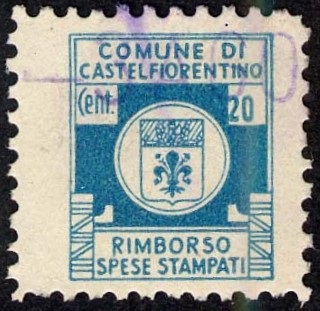 Marca da Bollo del Comune di CASTELFIORENTINO su Carta Bianca Sottile di dimensioni 13,5 x 16,5 mm