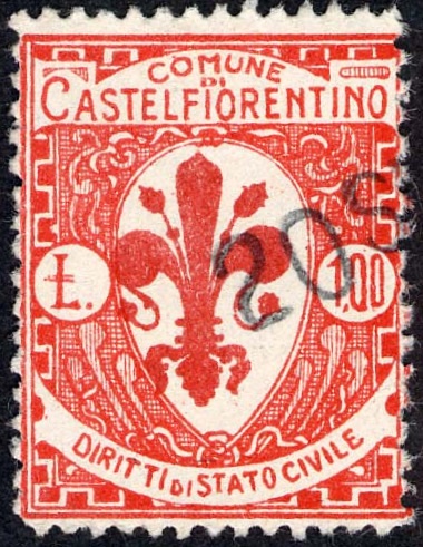 Marca da Bollo del Comune di CASTELFIORENTINO su Carta Bianca Sottile di dimensioni 23 x 29 mm