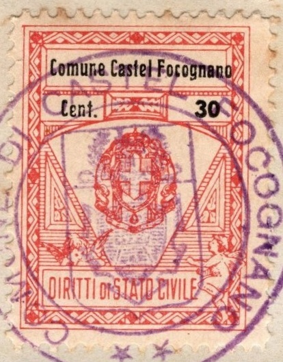 Marca da Bollo del Comune di CASTEL FOCOGNANO su Carta Bianca Sottile di dimensioni 23 x 29,5 mm