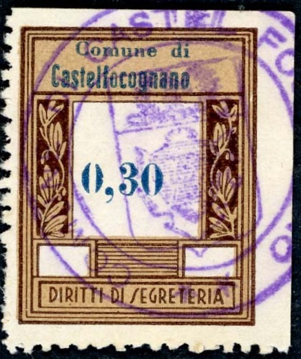 Marca da Bollo del Comune di CASTEL FOCOGNANO su Carta Bianca Sottile di dimensioni 23 x 29,5 mm