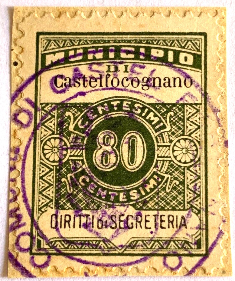 Marca da Bollo del Comune di CASTEL FOCOGNANO su Carta Bianca di dimensioni 22 x 29 mm