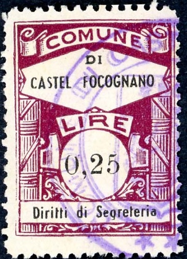 Marca da Bollo del Comune di CASTEL FOCOGNANO su Carta Bianca di dimensioni 22 x 29 mm