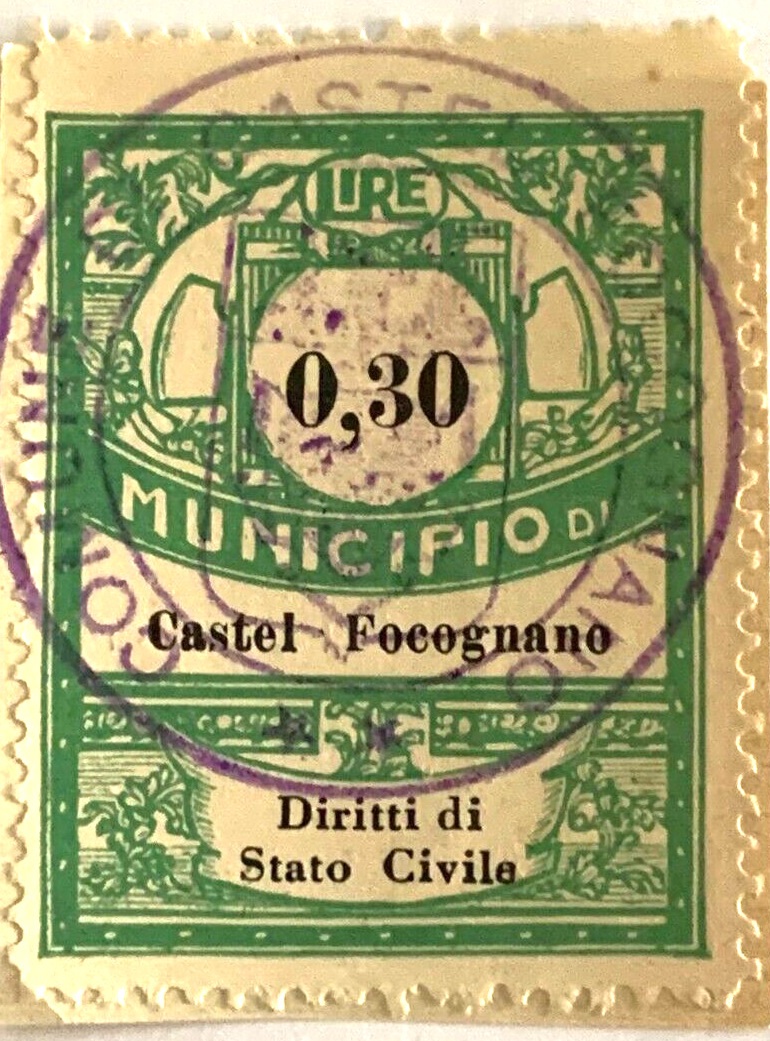 Marca da Bollo del Comune di CASTEL FOCOGNANO su Carta Bianca di dimensioni 22 X 33 mm