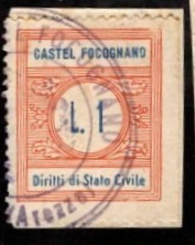 Marca da Bollo del Comune di CASTEL FOCOGNANO su Carta Bianca di dimensioni 22 x 26 mm