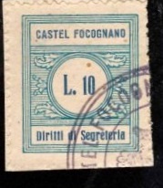 Marca da Bollo del Comune di CASTEL FOCOGNANO su Carta Bianca di dimensioni 22 x 26 mm