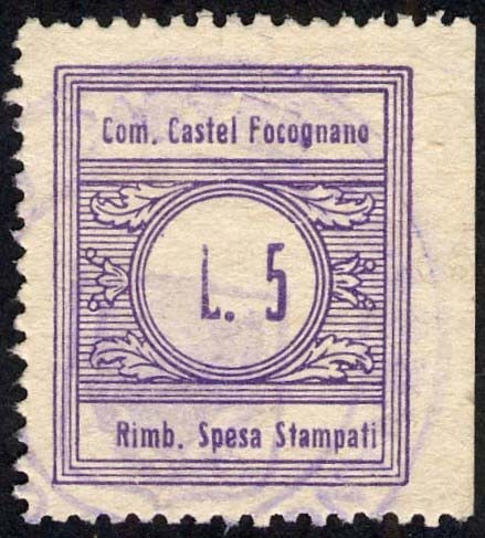 Marca da Bollo del Comune di CASTEL FOCOGNANO su Carta Bianca di dimensioni 22 x 26 mm