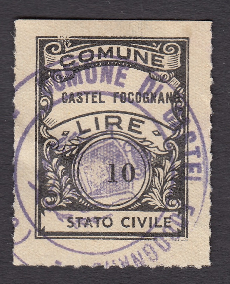 Marca da Bollo del Comune di CASTEL FOCOGNANO su Carta Bianca di dimensioni 22 x 29 mm