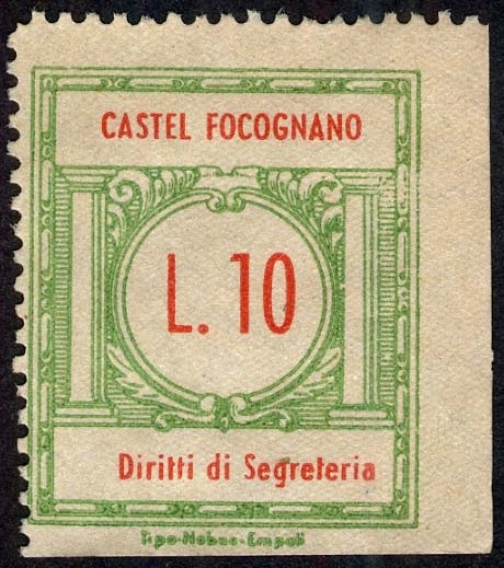 Marca da Bollo del Comune di CASTEL FOCOGNANO su Carta Bianca di dimensioni 22 X 26,5 mm