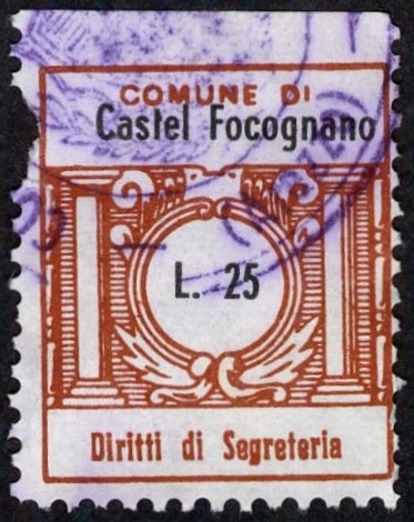 Marca da Bollo del Comune di CASTEL FOCOGNANO su Carta Bianca di dimensioni 21 x 25 mm