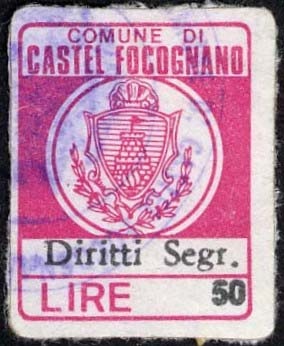 Marca da Bollo del Comune di CASTEL FOCOGNANO su Carta Bianca di dimensioni 19 x 19 mm