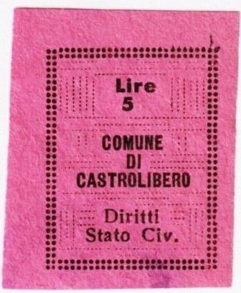 Marca da Bollo del Comune di CASTROLIBERO su Carta Colorata di dimensioni 21 X 27 mm