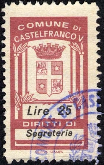 Marca da Bollo del Comune di CASTELFRANCO VENETO su Carta Bianca di dimensioni 17 x 31 mm