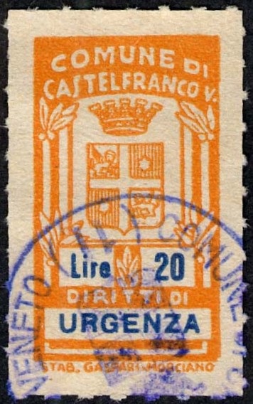 Marca da Bollo del Comune di CASTELFRANCO VENETO su Carta Bianca Sottile di dimensioni 16,5 x 30,5 mm