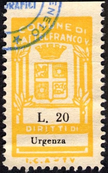 Marca da Bollo del Comune di CASTELFRANCO VENETO su Carta Bianca Sottile di dimensioni 16,5 x 30,5 mm