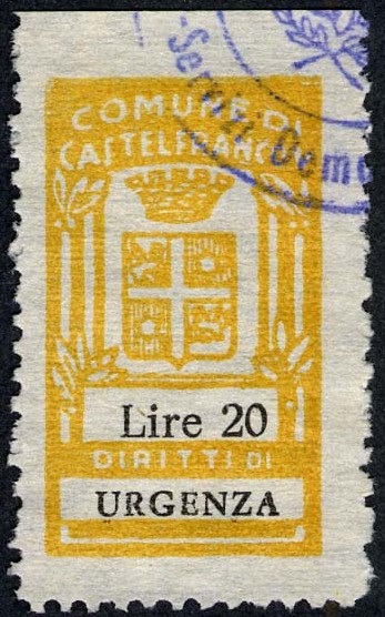 Marca da Bollo del Comune di CASTELFRANCO VENETO su Carta Bianca Sottile di dimensioni 16,5 x 30,5 mm