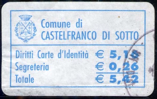 Marca da Bollo del Comune di CASTELFRANCO DI SOTTO su Carta Bianca di dimensioni 31 x 17,5 mm