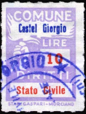 Marca da Bollo del Comune di CASTEL GIORGIO su Carta Bianca Sottile di dimensioni 18 X 25,5 mm