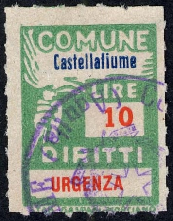 Marca da Bollo del Comune di CASTELLAFIUME su Carta Bianca Sottile di dimensioni 18,5 x 26 mm