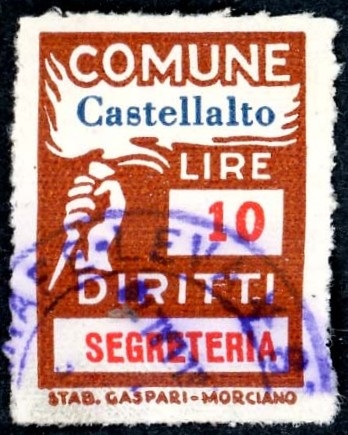 Marca da Bollo del Comune di CASTELLALTO su Carta Bianca Sottile di dimensioni 18,5 x 26 mm